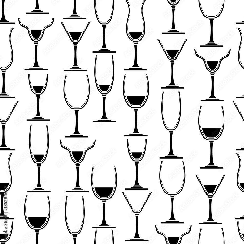 Seamless pattern with different glasses for wine. Black and white. For your desing,restaurant and cafe menu. Seamless pattern with different glasses for wine. Black and white. For your desing,restaurant and cafe menu.