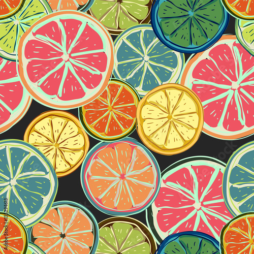 Seamless pattern with abstract slices of citrus fruits, vector illustration.