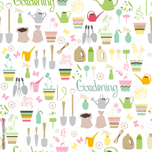Seamless pattern with gardening tools, flower pots,herbs and vegetables.Endless texture for your design, advertisement, posters.