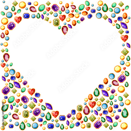 Blank heart frame made of diamonds, rubies and emeralds. For wedding and romantic design, advertisement, greeting cards, posters