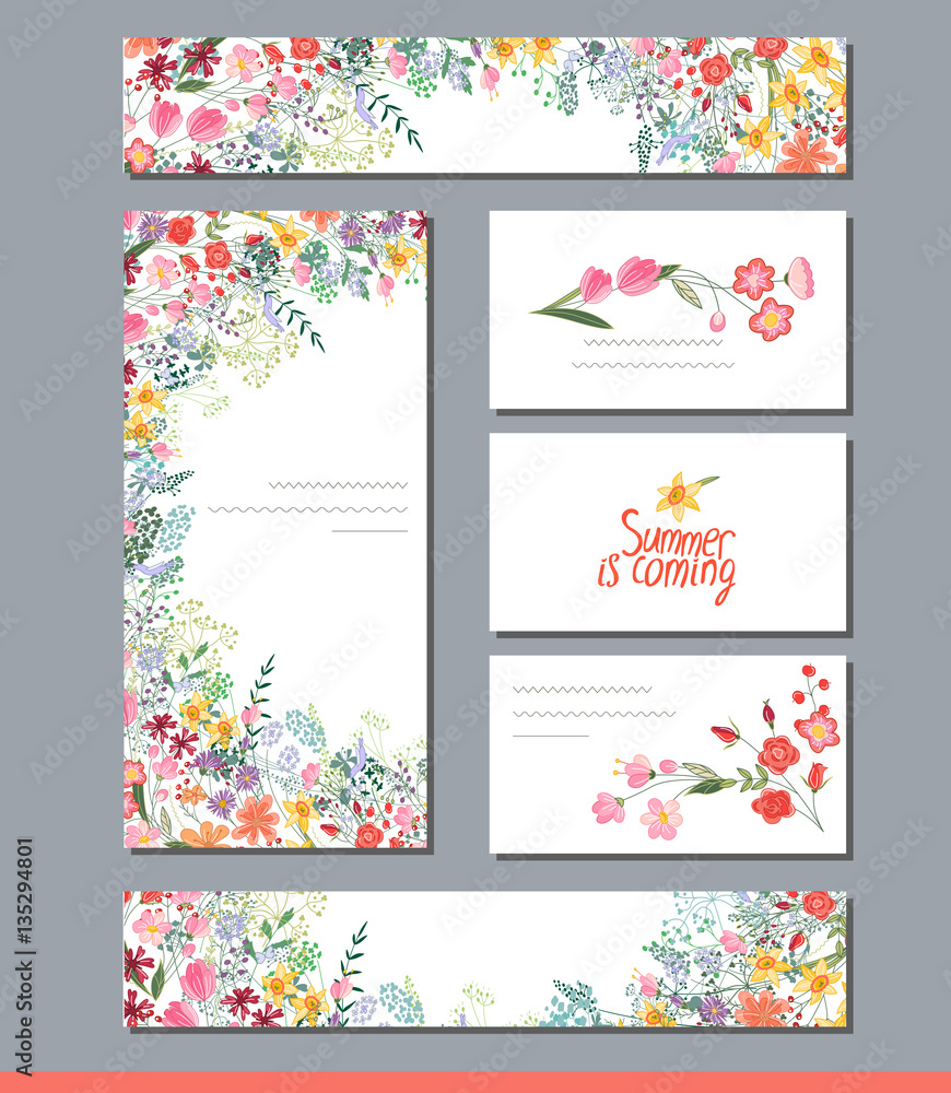 Summer templates with contour flowers.Phrase Summer is coming. Template for your design, greeting cards, festive announcements, posters.
