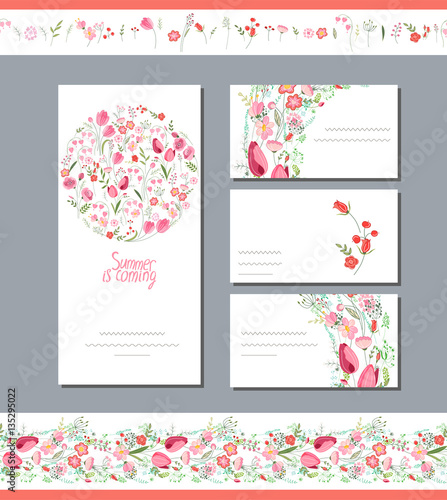 Floral spring templates with cute bunches of red tulips. Endless horizontal pattern brush. For romantic and easter design, announcements, greeting cards, posters, advertisement.
