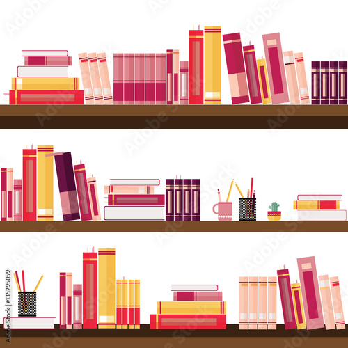 Bookshelves with colorful books and stationery