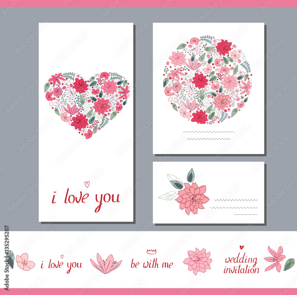 Floral spring templates with heart made of different stylized flowers. For romantic and wedding design, announcements, greeting cards, posters, advertisement.