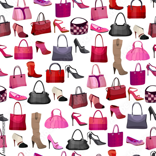Seamless pattern with womans bags and shoes.  Endless texture for your design, announcements, advertisement, posters.