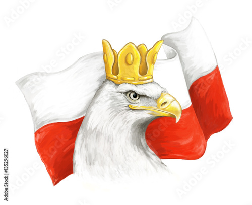Obraz na plátně Cartoon eagle and polish flag - head in crown - illustration for children