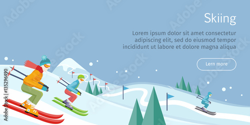 Skiing Banner. Skiers on Snowy Slope Competition.
