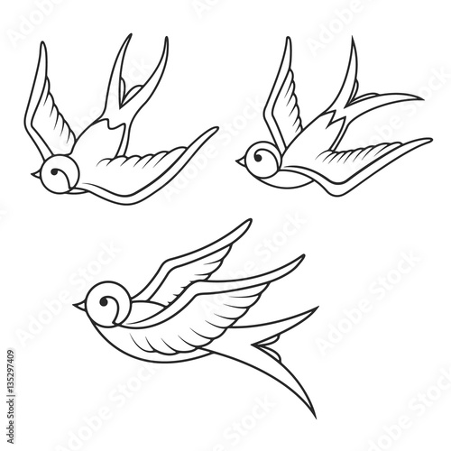 Set of swallow tattoo templates isolated on white background. Bi