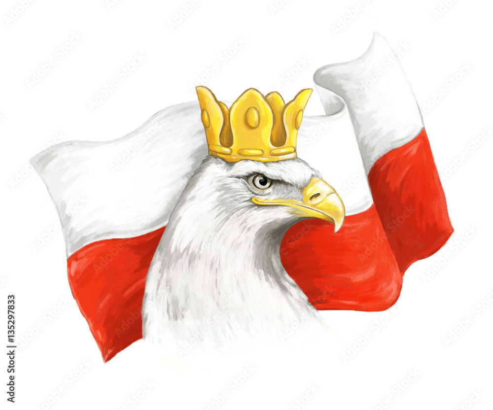 Fototapeta premium Cartoon eagle and polish flag - head in crown - illustration for children