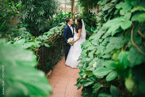 Wedding photo shoot. Beautiful groom and bride in nature.