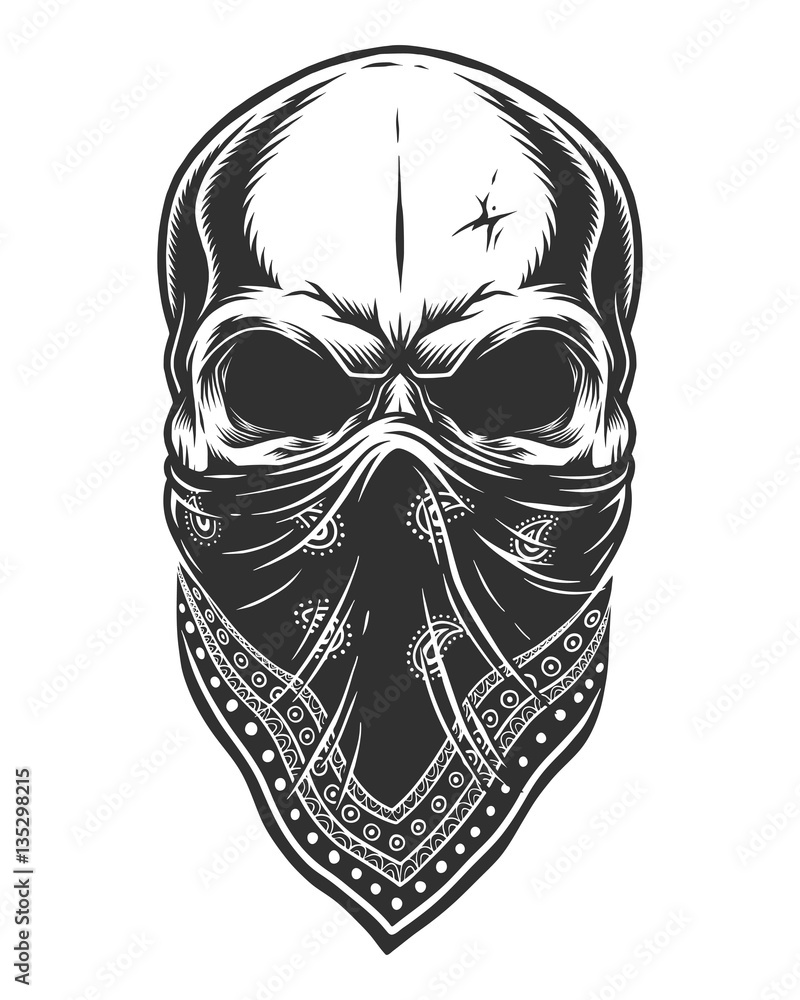 Vecteur Stock Illustration of skull in bandana on face. Monochrome line  work. Isolated on white background | Adobe Stock