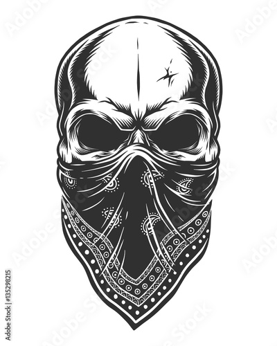 Illustration of skull in bandana on face. Monochrome line work. Isolated on white background