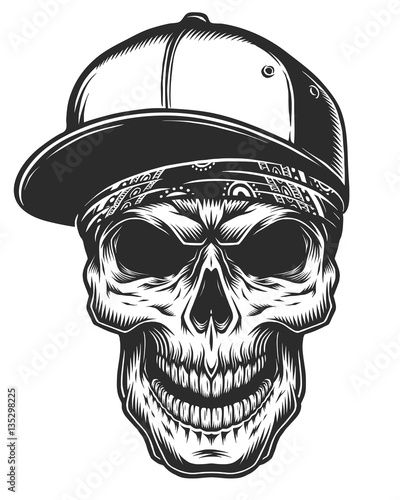 Illustration of skull in bandana and baseball cap. Monochrome line work. Isolated on white background