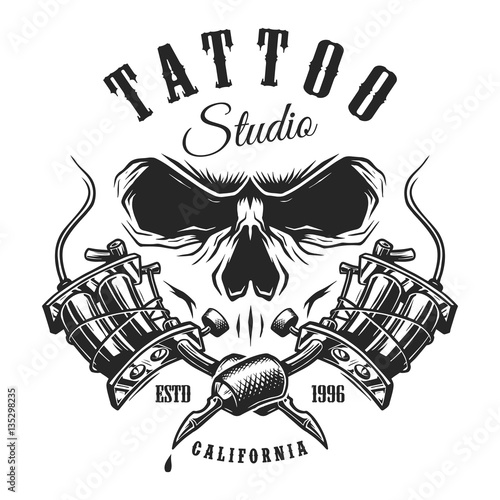 Tattoo studio emblem with tattoo machines and skull. Monochrome line work. Isolated on white background. layered