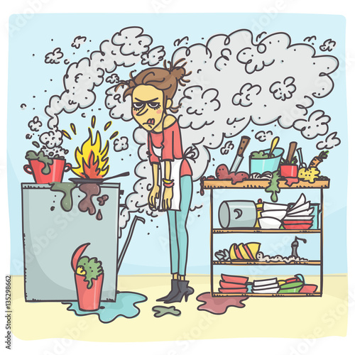 Cartoon illustration of stressed woman cooking in messy kitchen