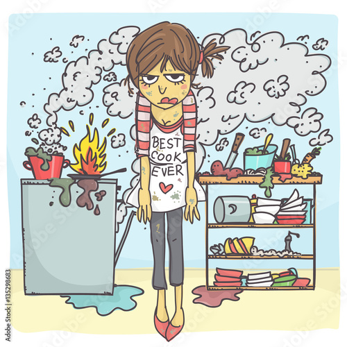 Funny vector cartoon of angry and stressed woman in messy kitchen