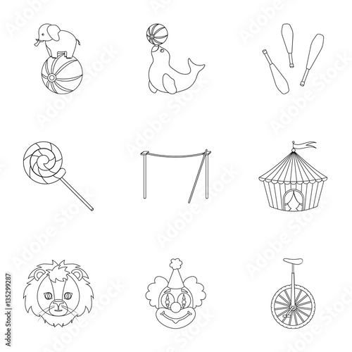 Circus set icons in outline style. Big collection of circus vector symbol stock illustration