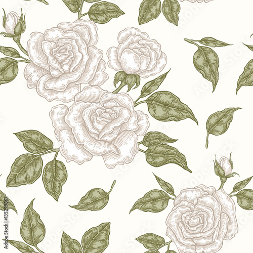 White rose flowers, buds and leaves. Vector seamless pattern. 