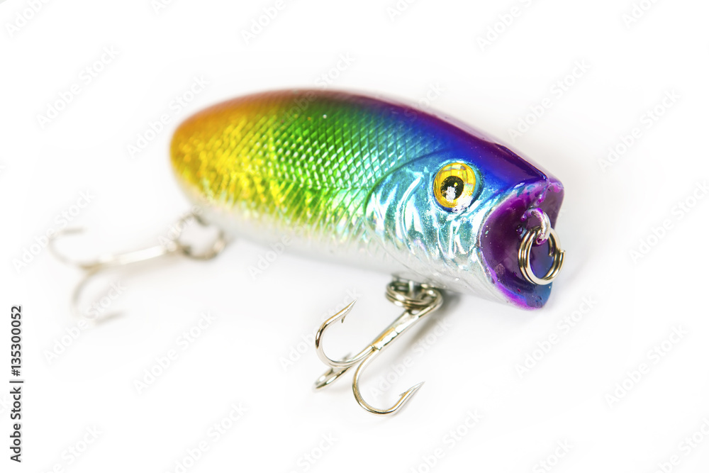 Fishing lure isolated on white. Wobbler in three color. Green, yellow and red colors. Fishing lure isolated on white. Wobbler in three color. Green, yellow and red colors.