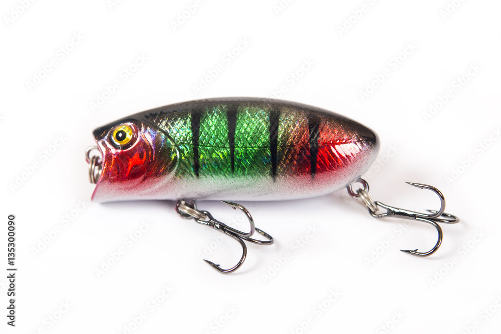 Fishing lure isolated on white. Wobbler in three color. Green, yellow and red colors. Fishing lure isolated on white. Wobbler in three color. Green, yellow and red colors.