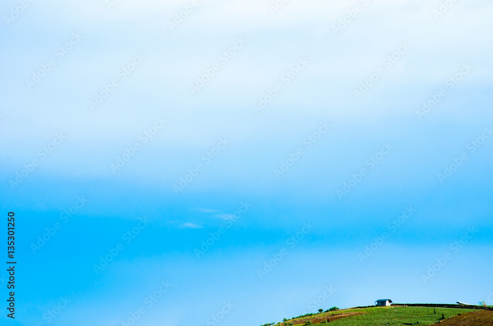 Lonely farmhouse and blue sky in evergreen hill with copy space.