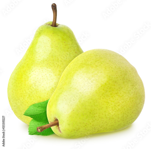 Isolated pears. Two whole yellow green pear fruits isolated on white with clipping path