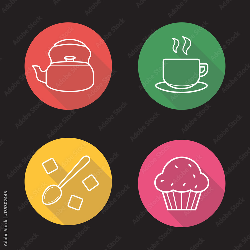 Tea flat linear long shadow icons set Tea flat linear long shadow icons set