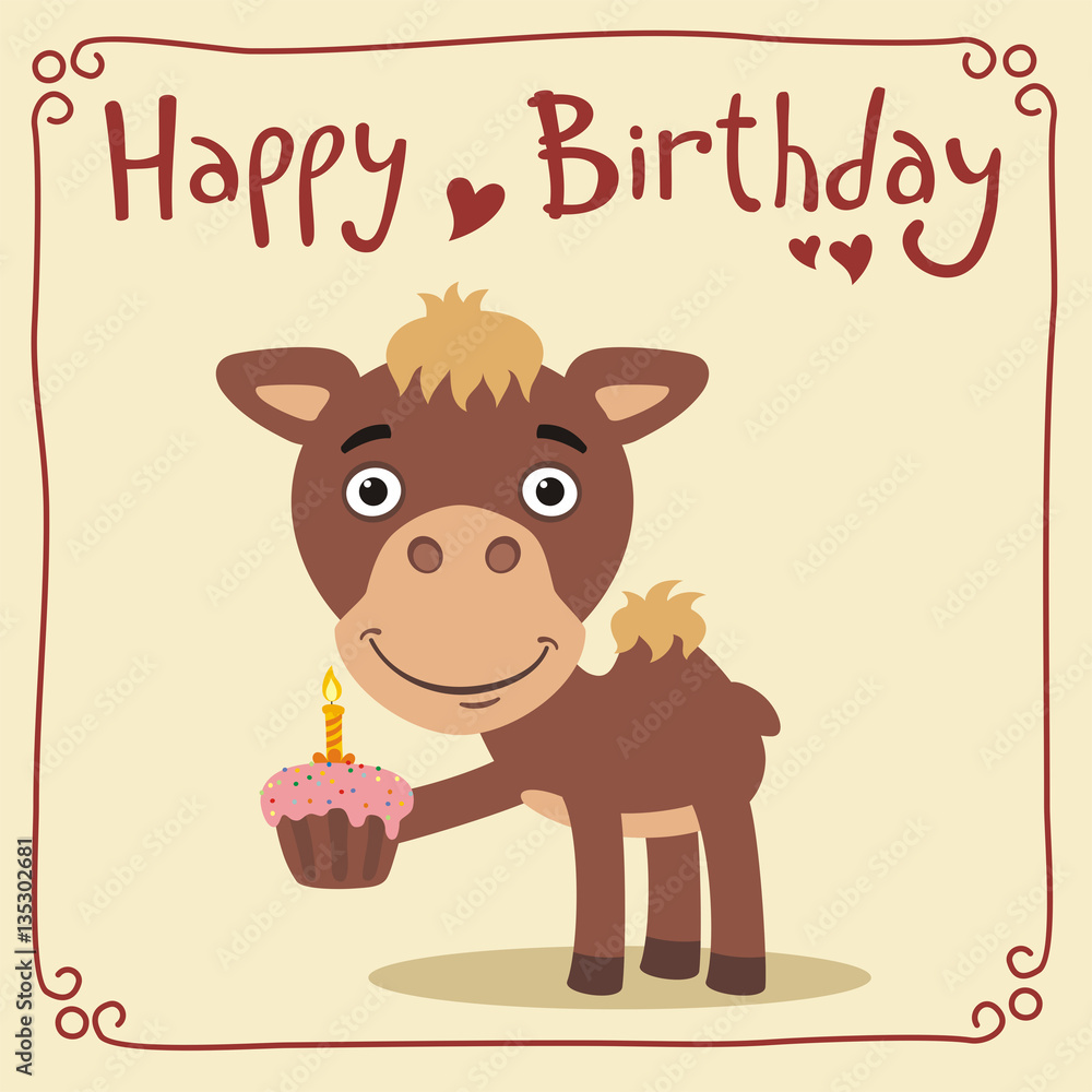 Happy birthday! Funny camel with birthday cake. Greeting card with