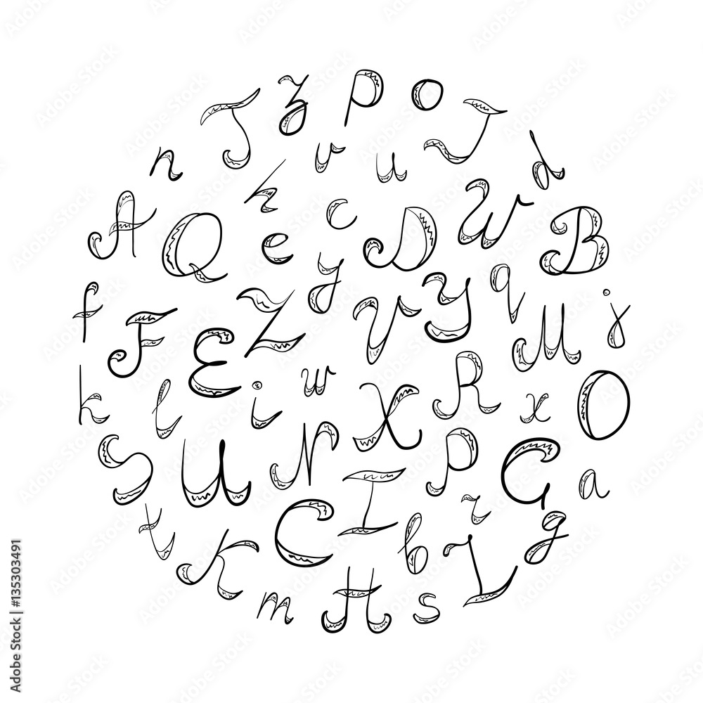 Hand Drawn Doodle Font. Children Drawings of Black Scribble Alphabet Arranged in a Circle. Vector Illustration.