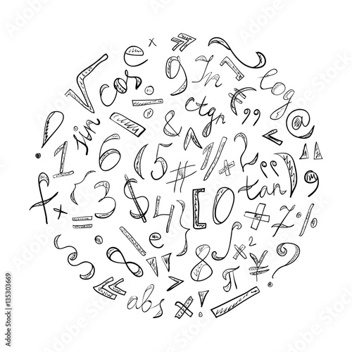 Black Hand Drawn Doodle Symbols and Numbers. Scribble Signs Arranged in a Circle. Vector Illustration.