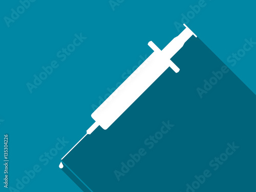 Syringe with drop, flat icon with long shadow. Vector illustration