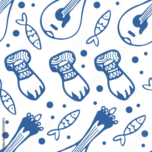 Seamless pattern with fado guitars sardines and door knockers.