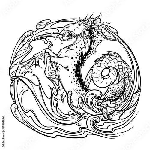 Zodiac sign Capricorn. Fantastic sea creature with body of a goat and a fish tail Decorative water swirls. Vintage art nouveau style concept art for horoscope, tattoo or colouring book. EPS10 vector