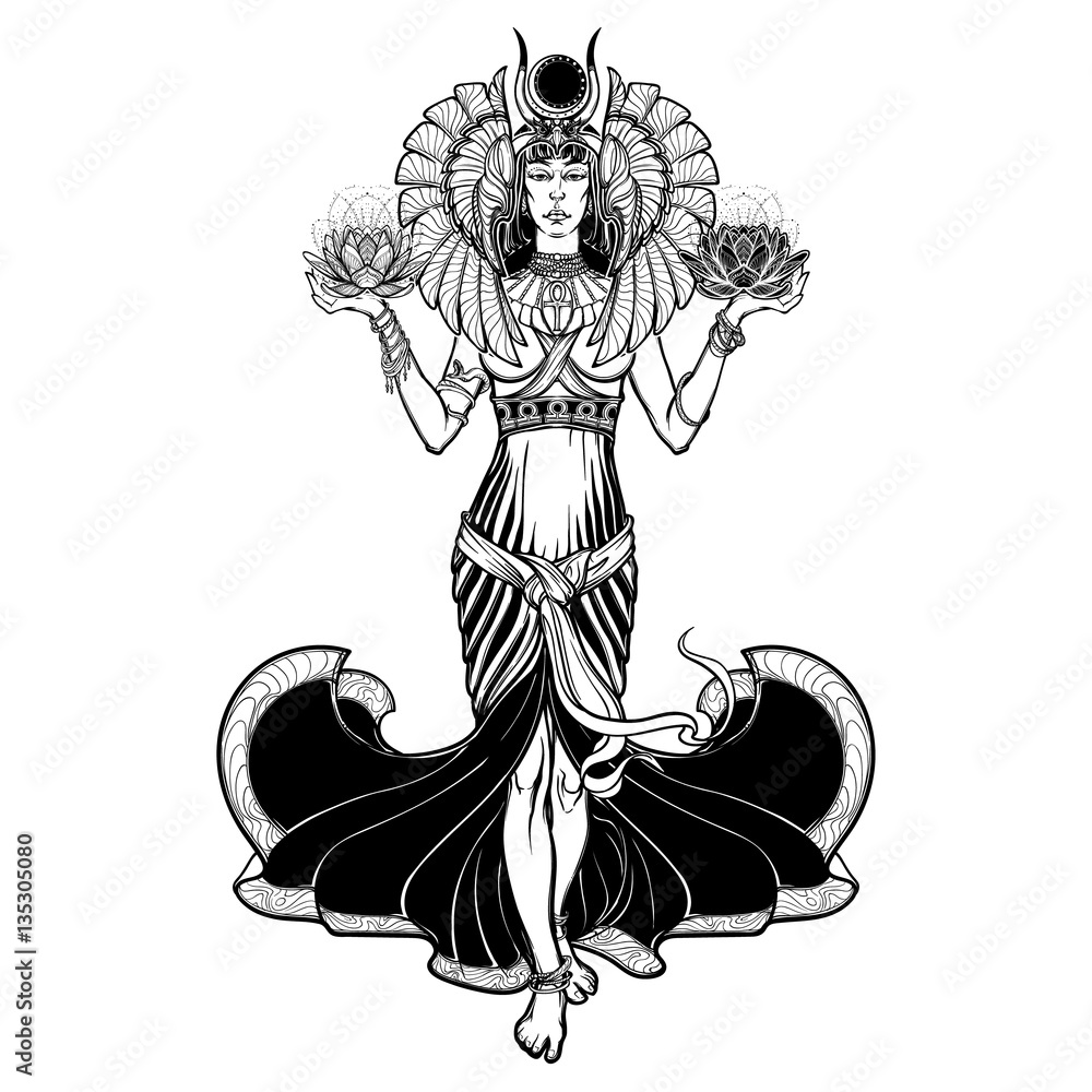 egyptian-goddess-isis-balancing-in-hands-black-and-white-lotus-as-a