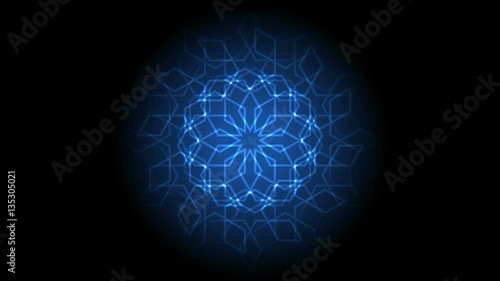 Abstract light background. Animation of glowing laser geometric islamic pattern
