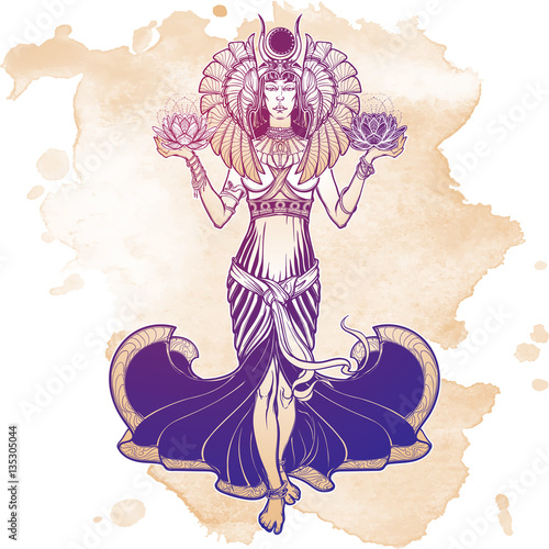 Egyptian goddess Isis balancing in hands black and white lotus as a symbol of life and death. Vintage art nouveau style concept art . EPS10 vector illustration. © AntonPix