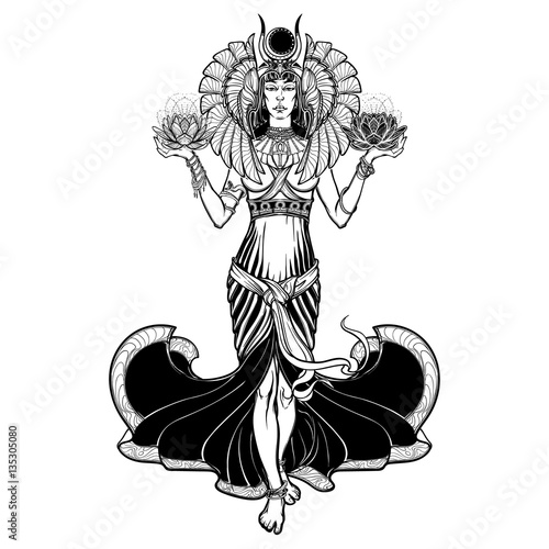Egyptian goddess Isis balancing in hands black and white lotus as a symbol of life and death. Vintage art nouveau style concept art . EPS10 vector illustration.