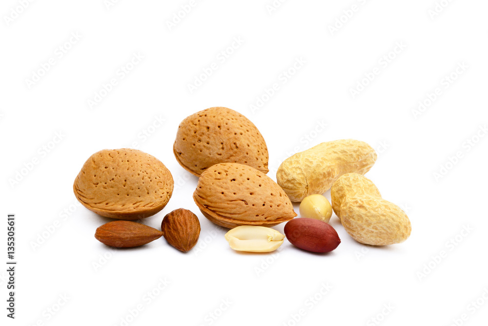 Almonds and peanuts isolated on white background Almonds and peanuts isolated on white background