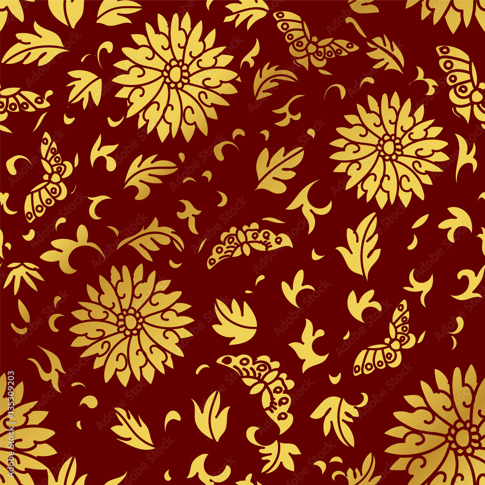 Seamless Golden Chinese Background Spiral Round Flower Butterfly Leaf Seamless Golden Chinese Background Spiral Round Flower Butterfly Leaf