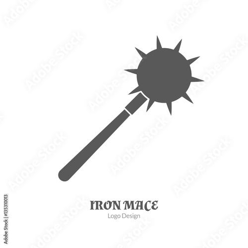 Medieval iron mace, morning star. Single logo in black simple style isolated on white background. Medieval theme silhouette symbol. Simple medieval pictogram, logotype template. Vector illustration.