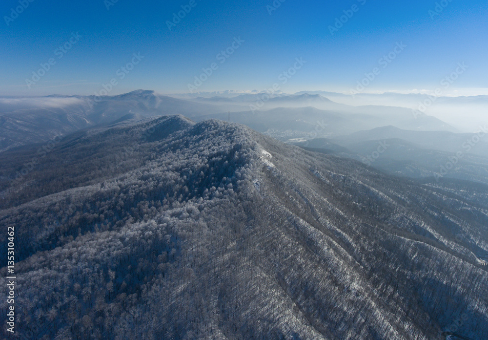 Aerial landscape of winter mountain forest.