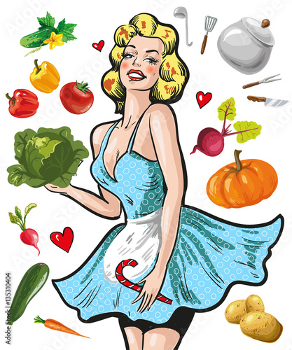 Pin up girl in an apron with vegetables cooking concept