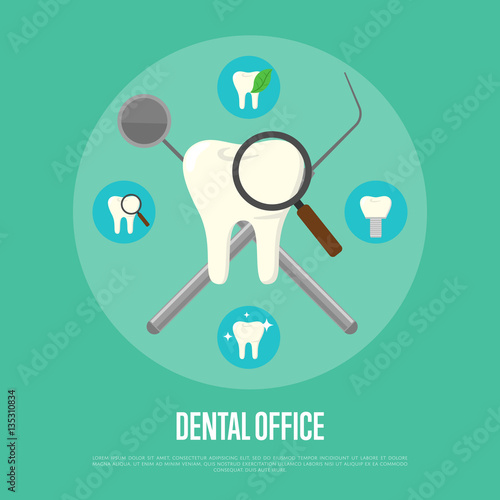 Dental instruments crosswise on green background with round teeth icons. Dentistry isolated vector illustration. Medical professional equipment. Healthcare and tooth care concept. Dental hygiene