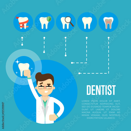 Male cartoon dentist in medical white coat holding big tooth on blue background with teeth icons, vector illustration. Oral hygiene, tooth health, dental care. Dentist office flyer