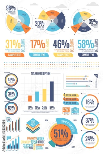 Business infographics set with different diagram vector illustration. Business strategy, planning and analytics, forecasting growth rates concept. Data visualization, pie chart and statistics graphs.