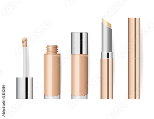 Realistic makeup cosmetics set isolated on white background vector illustration. Lipstick golden sparkling tube, pomade applicator. Decorative facial cosmetics products, beauty fashion makeup