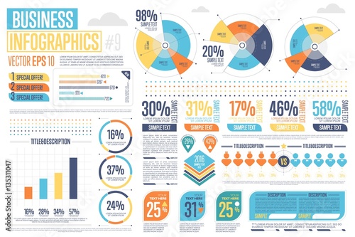Business infographics set with different diagram vector illustration. Abstract data visualization, marketing charts and graphs. Business statistics, planning and analytics, forecasting growth rates photo