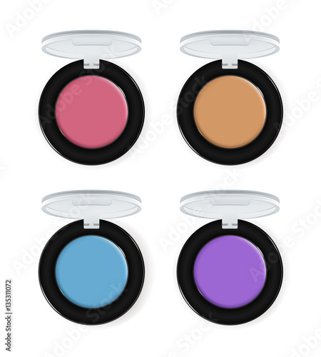 Realistic makeup cosmetics set isolated on white background vector illustration. Colorful facepowder or eyeshadow container collection. Decorative facial cosmetics products, beauty fashion makeup