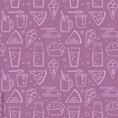 Dairy product seamless pattern for packaging with different dairy icons in line style design on perpl background, vector illustration. Organic farming. Nutritious and healthy products. Natural food