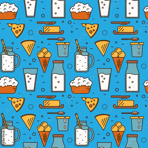 Dairy product seamless pattern for packaging with different dairy icons in line style design on blue background, vector illustration. Organic farming. Traditional and healthy products. Natural food